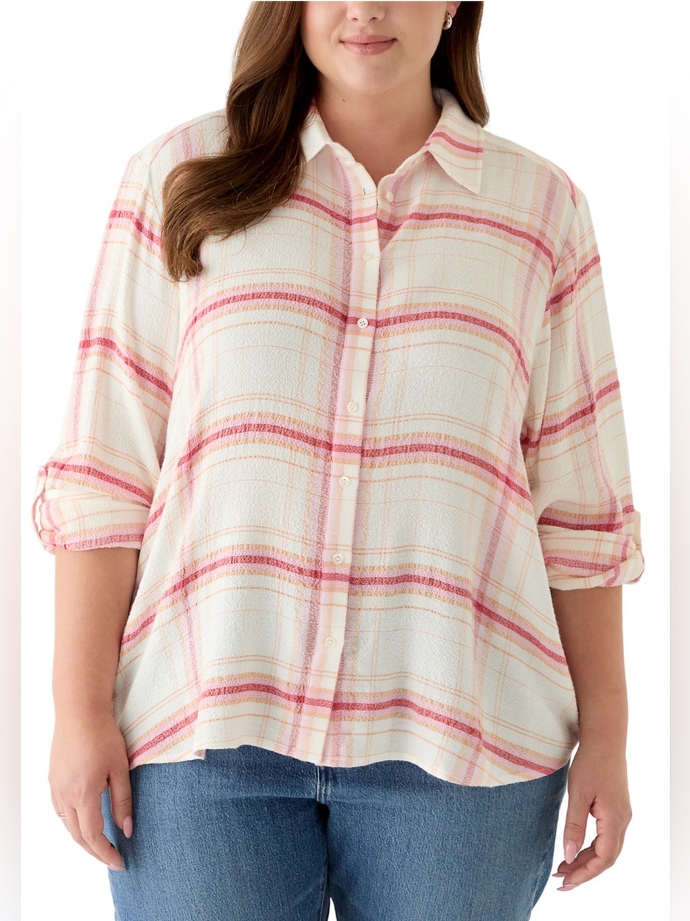 PHILOSOPHY By REPUBLIC Plus Button-Front Plaid Roll Sleeve Shirt - Pink & Cream